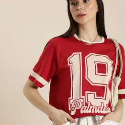 DILLINGER Women Red & Beige Typography Printed Pure Cotton Loose T-shirt-image-24