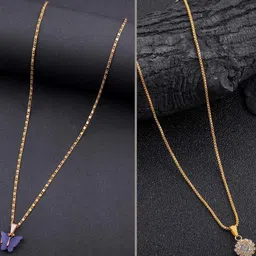 SZN Set Of 2 Gold-Plated Artificial Stones Studded Enamelled Floral Pendants With Chains-image-77