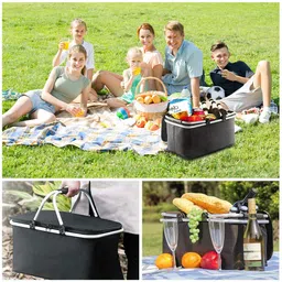 angju Insulated Large Picnic Basket 35L- Strong Aluminum Frame Waterproof Lining Design for Easy Storage - Take it Camping, Picnicking, Lake Trips or Family Vacations - Keeps Food Cold -DHBlack image 3