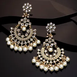 karatcart Gold Plated Pearl Studded Kundan Chandbali Earrings For Womens image 3