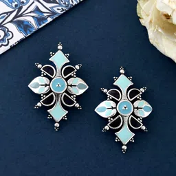 voylla Brass Oxidised Dreamy Enamel Floral Shape Blue Earrings for Women and Girls image 2