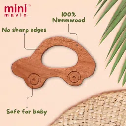 MINIMAVIN Natural and Chemical-Free Neem Wood Teethers | bpa Free Wooden teether for 6 to 12 Months Baby | Anti-Bacterial and Anti-Fungal ((Bunny+CAR+Ring_Set of 3)) image 3