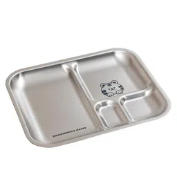 Basil Stainless Steel Plate for Kids - Kids Plates for Food with 3 Compartments - Dinner Plates for Baby - Unbreakable Dinner Plates - Ideal for Birthday, Return Gifting - Bento Tiger Plate image 1