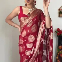 dharmik Fashion Womens Cotton Foil Zari Printed and Weaving Border Party Wedding Fashion Bollywood Ready To Wear Saree Saree Red Color-01 (Red) image 3