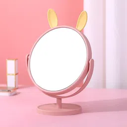 Leeonz Plastic Desk Wall Mount Round Mirror with Stand,Vanity Makeup Mirrorwith Cute Rabbit Ears(Pink-Yellow Rabbit Ear) image 2