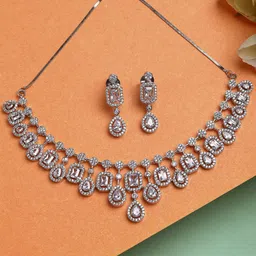 karatcart Silver Toned American Diamond and CZ Studded Jewellery Set for Women image 3