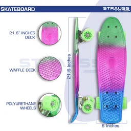 STRAUSS Polypropylene Cruiser Skateboard Penny Casterboard Hoverboard Anti-Skid Board With Abec-7 High Precision Bearings Ideal For 8 Years And Above 22 X 6 Inch, (Green,Pink,Blue) image 3