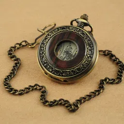 vigoroso Men's Vintage Wood Grain Hollow Selfwind Steampunk Chain Mechanical Pocket Watch Gift Box image 3