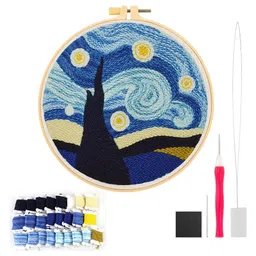 patpat PATPAT® DIY Punch Needle Art Kit Beginners DIY Starry Night Punch Needle Art with Embroidery Punch Needles, Tutorial, 20x20cm Embroidery Hoop, DIY Art Gift for Kids Adults Children's Day Art Gift image 1