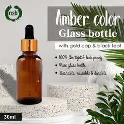 nsb herbals 30 ML Amber Round Empty Glass Bottle + Glass Dropper + Gold Ring + Black Silicone Teat, Refillable, Reusable, Leak Proof for Essential Oils, Blends, DIY Perfumes (Pack of 6) image 3