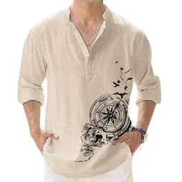 deemoon Men's Cotton Blend Mandarin Collar Self One Design Full Sleeve Casual Short Kurta image 1