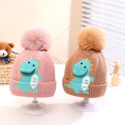 Adorazone Boy's & Girl's Super Warm Winter Woolen Skull Beanie Cap with Fur Inside | Cartoon 3D Dinosaur Knitted Hat with Pompom (Age: 2 Years to 8 Years) image 4
