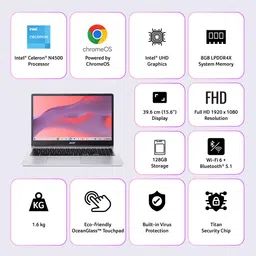 Acer Chromebook, Intel Celeron N4500, 8GB RAM, 128GB Storage, Full HD, 15.6"/39.6cm, Chrome OS,Silver, 1.6KG, CB315-4H, WiFi 6,3 Months Google One AI Premium Plan & 2TB Cloud Storage AI Powered Laptop image 2