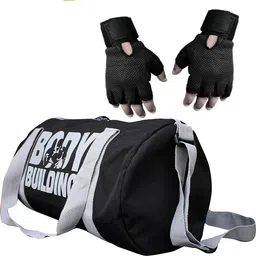 cp bigbasket Combo Set Polyester 40 Ltrs Black Sport Gym Duffle Bag, Netted Gym & Fitness Gloves (Black) image 1