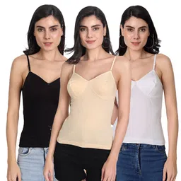 aimly Women's Regular Fit Sleeveless Cotton Bra Cum Camisole Slip Spaghetti Pack of 3 image 1