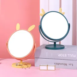 Leeonz Plastic Desk Wall Mount Round Mirror with Stand,Vanity Makeup Mirrorwith Cute Rabbit Ears(Pink-Yellow Rabbit Ear) image 4