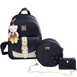 typify 3 pieces fashion Pu Leather Women Backpack Korean Style Backpack Teddy Bear Keychain Women Girls College Backpack Bag. Gift for Her image 1