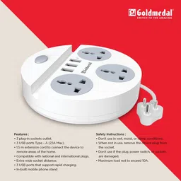 Goldmedal Zippo 1.5 Meter Cable Power Strip with 3 Charging USB Ports, Master Switch with Indicator, 3 Outlet International Socket, Compatible with All Devices, Pack of 1 for Home & Office (White) image 5