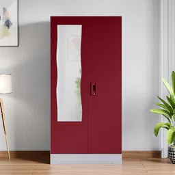 GODREJ INTERIO Almirah Slimline 2-Door Steel Almirah, Cupboard for Clothes (Textured Caremine Red), 1-Year Warranty, 1 Locker, 4 Shelves and Curvilinear Mirror image 1