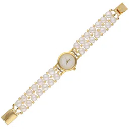 sri jagdamba pearls dealer Analogue Gold Dial Women's Watch for Women and Girls | Everlasting Gold Plated Quartz Watch | White Button Freshwater Pearl 4-5MM | With Certificate Of Authenticity image 1