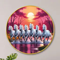 Livin'luxe Pink & White 7 Running Horses Wall Hallway Round Painting Wall Art 23" x 23"-image-51