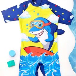 Yellow Bee Half Sleeves Shark Printed Swimsuit -  Yellow And Blue-picture-49