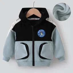 Kookie Kids Full Raglan Sleeves Cut & Sew Designed Hooded Sweatjacket with Patch Detailing - Black & Blue-picture-14