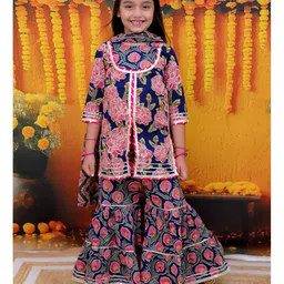 BownBee Pure Cotton Three Fourth Sleeves Floral Printed & Lace Embellished Kurta With Sharara & Dupatta Set - Blue-picture-11