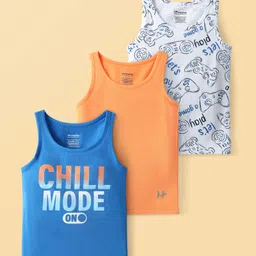 Honeyhap Premium 100% Cotton Spandex Knit Sleeveless Vests with Bio Finish & Text Print Pack of 3 - Bright White Tangerine & Skydiver-picture-23
