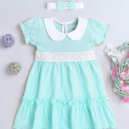 BUMZEE Interlock Knit Half Puffed Sleeves Schiffli Lace Detailed & Peter Pan Collared Dress with Headband - Aqua Blue-picture-38