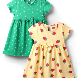 Babyhug Single Jersey Knit Half Sleeves Floral & Strawberry Printed Frocks With Bow Applique Pack of 2 - Yellow & Green image 1