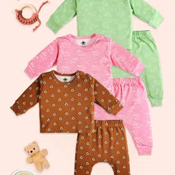 The Mom Store Cotton Knit Pack Of 3 Full Sleeves Cars & Bears Printed Tees & Pajamas Set - Multi Colour-picture-10