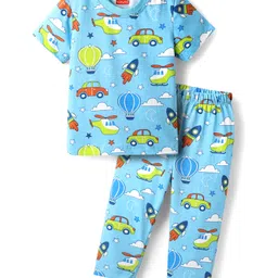 Babyhug Cotton Knit Half Sleeves Co-Ord Night Suit With Vehicle Print - Light Blue-picture-22