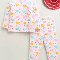 Bumzee Knit Full Sleeves Winter Wear Front Open T-Shirt & Lounge Pant Set With Elephant Print - Pink-picture-17