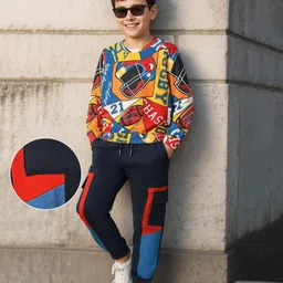 OLLINGTON ST. Cotton Full Sleeves Printed Sweatshirt & Joggers Set - Multicolor & Navy Blue-image-25
