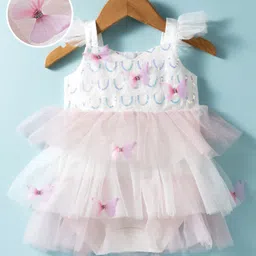 Mark & Mia Woven Frill Sleeves Frock Style Party Onesie with Butterfly Applique & Sequin Detailing - Pink-picture-11