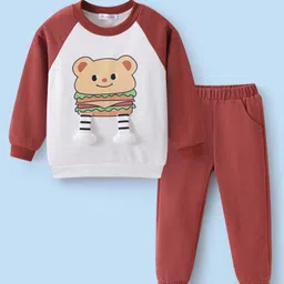 Mark & Mia Cotton Full Raglan Sleeves Winter Wear T-Shirt & Joggers Set with Animal Graphics Print & Applique Detailing - Rust Orange & White-picture-30