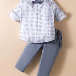 ToffyHouse Poplin Woven Full Sleeves Printed Party Shirt & Trouser Set With Bow & Suspender - White-picture-23