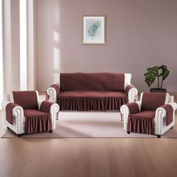 RUBOXA Maroon Solid Velvet 3 Piece Sofa Cover With Arms-picture-16