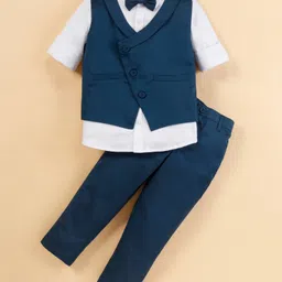 Mark & Mia Full Sleeves Solid Party Suit with Bow & Striped Waistcoat - Blue image 2