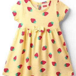 Babyhug Single Jersey Knit Half Sleeves Floral & Strawberry Printed Frocks With Bow Applique Pack of 2 - Yellow & Green image 2