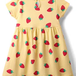 Babyhug Single Jersey Knit Half Sleeves Floral & Strawberry Printed Frocks With Bow Applique Pack of 2 - Yellow & Green image 3