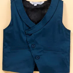 Mark & Mia Full Sleeves Solid Party Suit with Bow & Striped Waistcoat - Blue image 5