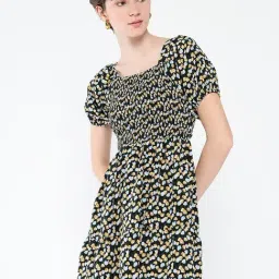 SHOWOFFFF Black & Yellow Floral Print Fit & Flare Dress image 2