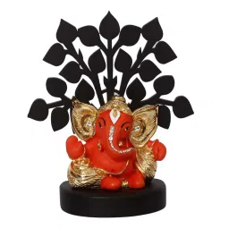 ecraftindia Gold Plated Orange Kaan Ganesha Showpiece with Wooden Tree for Home/Temple/Office/Car Dashboard image 4