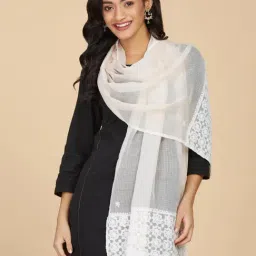 Fabindia Off White Cotton Silk Embroidered Stole-picture-34