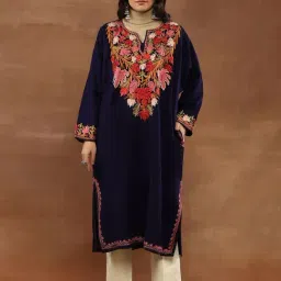 House Of Chikankari Navy Blue Wool Regular Fit Embroidered Long Kurta-picture-47