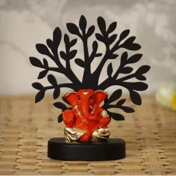 ecraftindia Gold Plated Orange Appu Ganesha Showpiece with Wooden Tree for Home/Temple/Office/Car Dashboard image 1