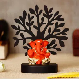 ecraftindia Gold Plated Orange Appu Ganesha Showpiece with Wooden Tree for Home/Temple/Office/Car Dashboard image 2