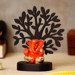 ecraftindia Gold Plated Orange Appu Ganesha Showpiece with Wooden Tree for Home/Temple/Office/Car Dashboard image 3